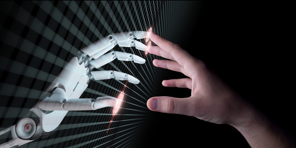 Artificial intelligence image of robot and human hand