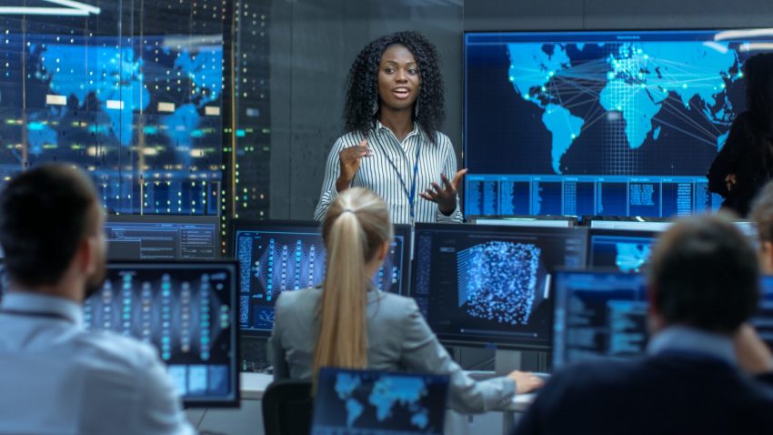 Tech image of woman sharing business intelligence